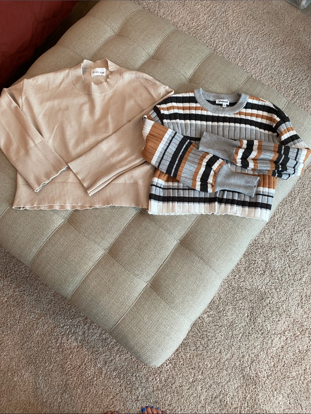 Bundle of two Neutral Beige Crewneck & Striped Multi Sweater Set